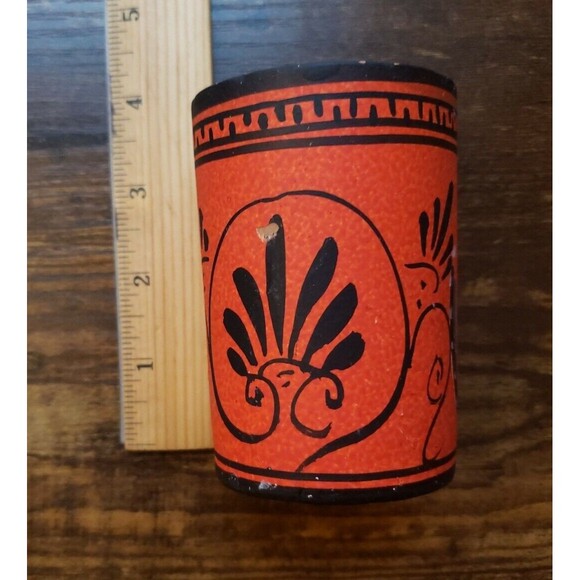 Greek Pottery Cup Vase Small Handmade Greece Warriors Painted - Picture 8 of 9